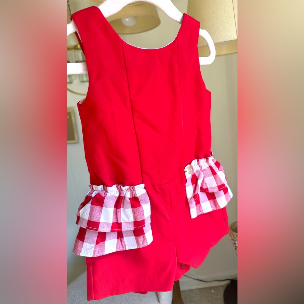 Red Gingham Ruffle Toddler Jumpsuit. - Picture 2 of 5
